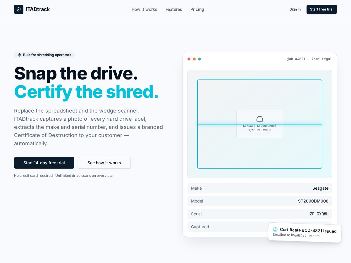 Landing-page snapshot of itadtrack.com