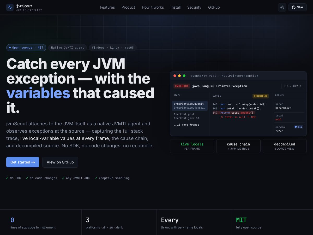Landing-page snapshot of jvmscout.dev