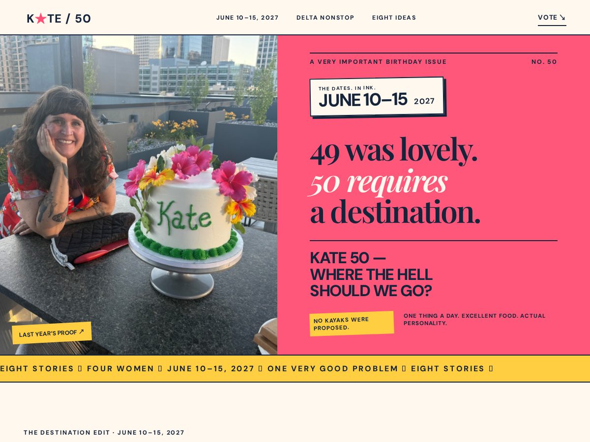 Landing-page snapshot of kateturnsfifty.com