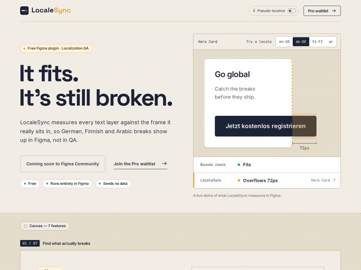 Landing-page snapshot of localesync.dev