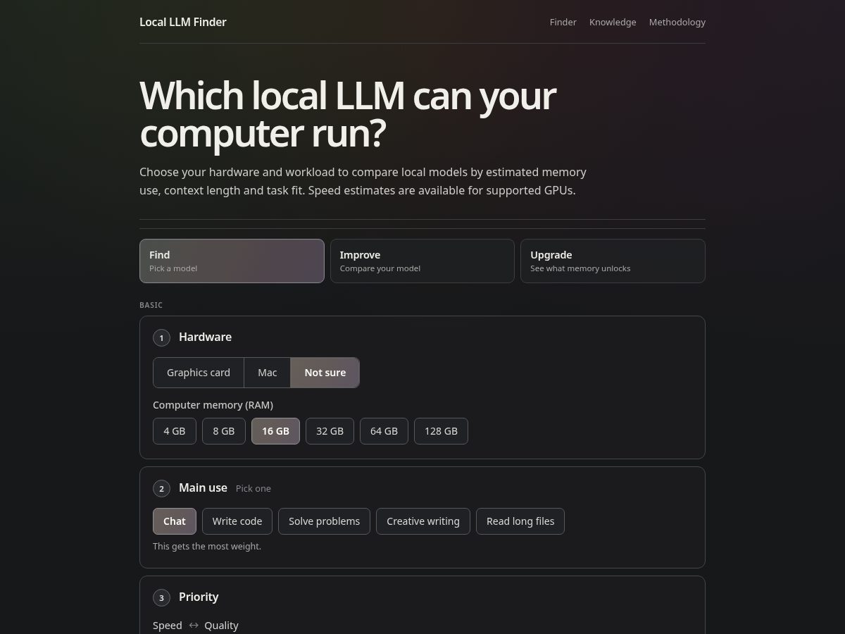 Landing-page snapshot of localllmfinder.com