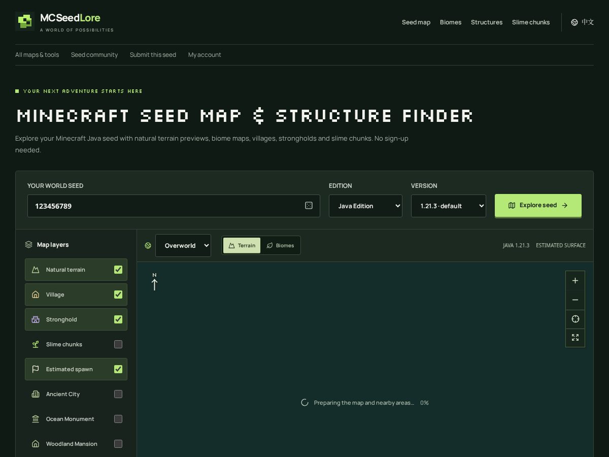 Landing-page snapshot of mcseedlore.com