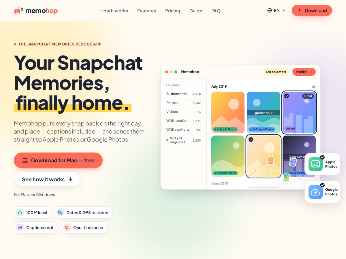 Landing-page snapshot of memohop.com