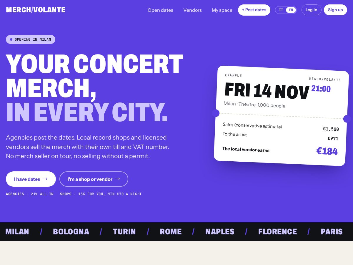 Landing-page snapshot of merchvolante.com