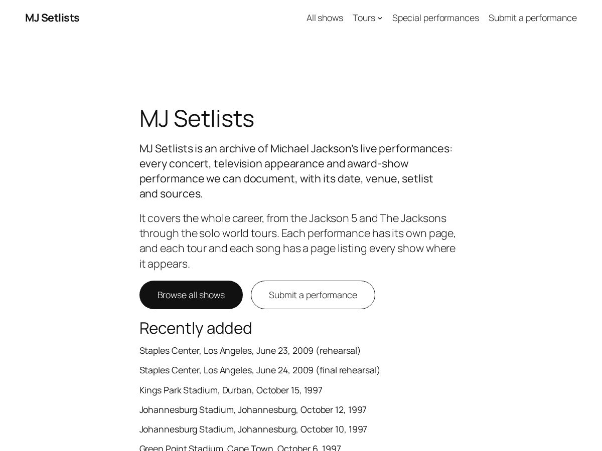 Landing-page snapshot of mjsetlists.com
