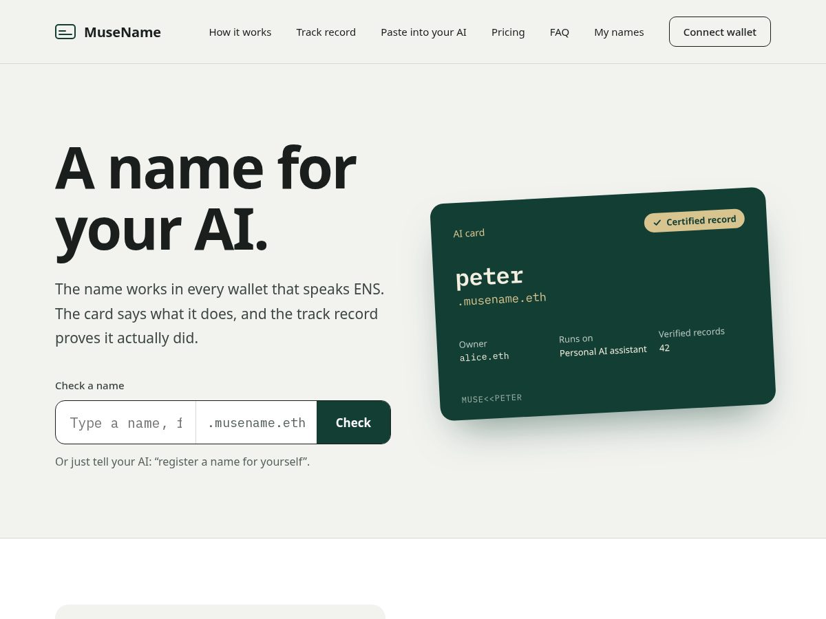 Landing-page snapshot of musename.xyz