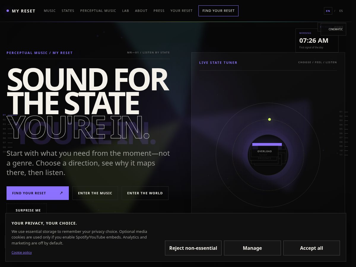 Landing-page snapshot of myresetmusic.com