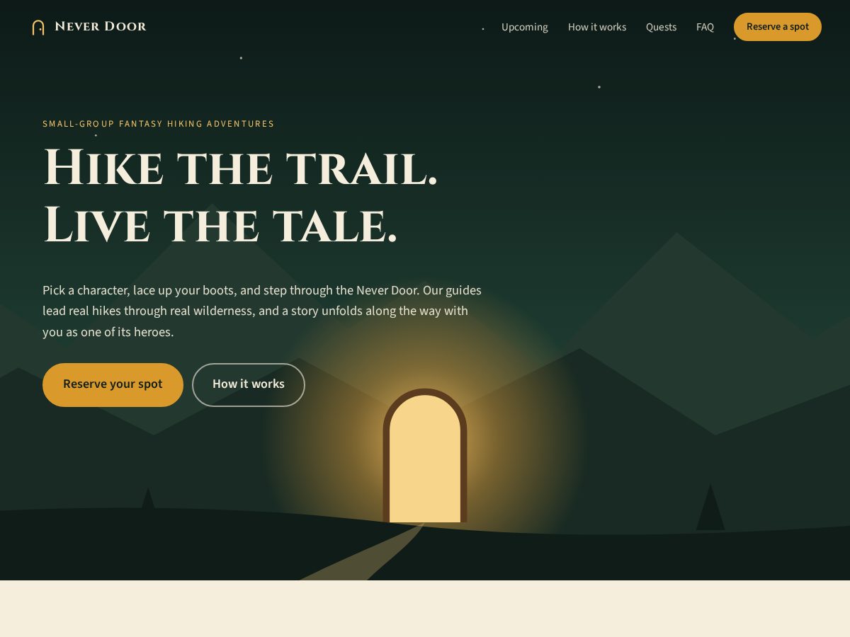 Landing-page snapshot of neverdooradventures.com