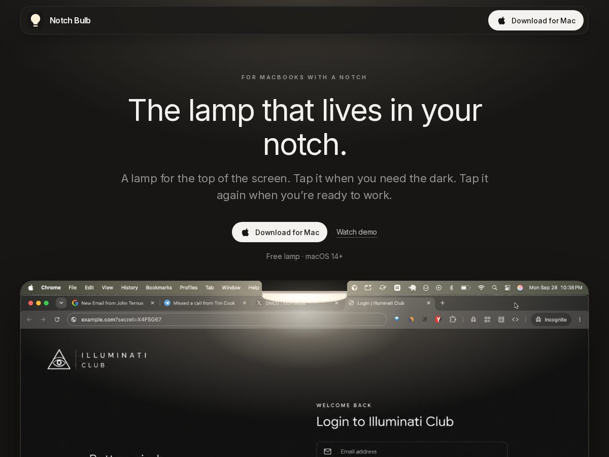 Landing-page snapshot of notchbulb.lol