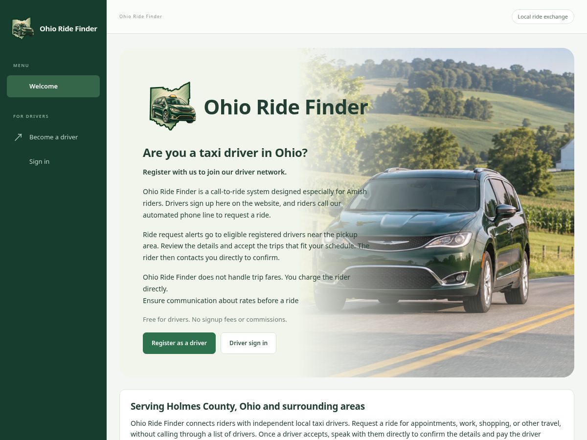 Landing-page snapshot of ohioridefinder.com
