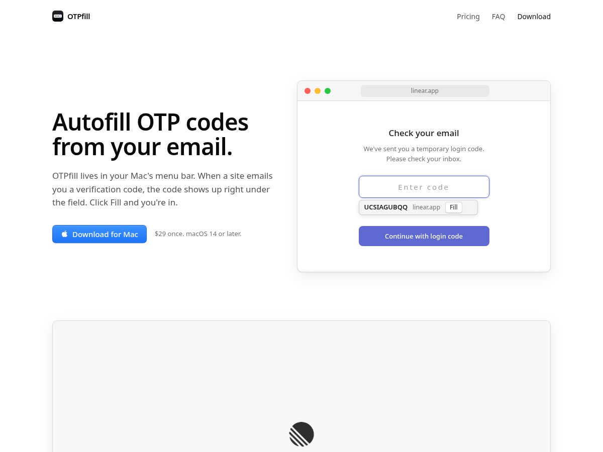 Landing-page snapshot of otpfill.com