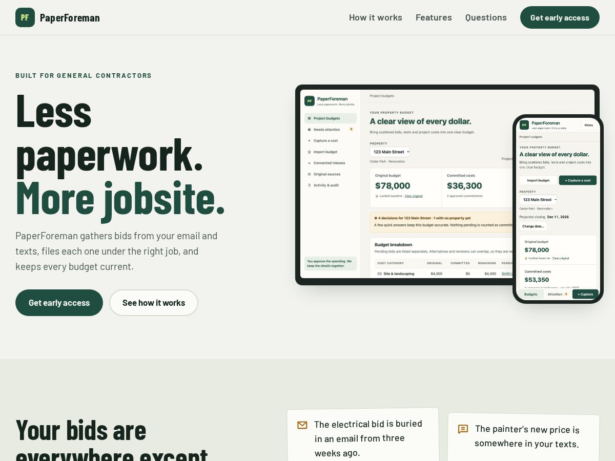 Landing-page snapshot of paperforeman.com