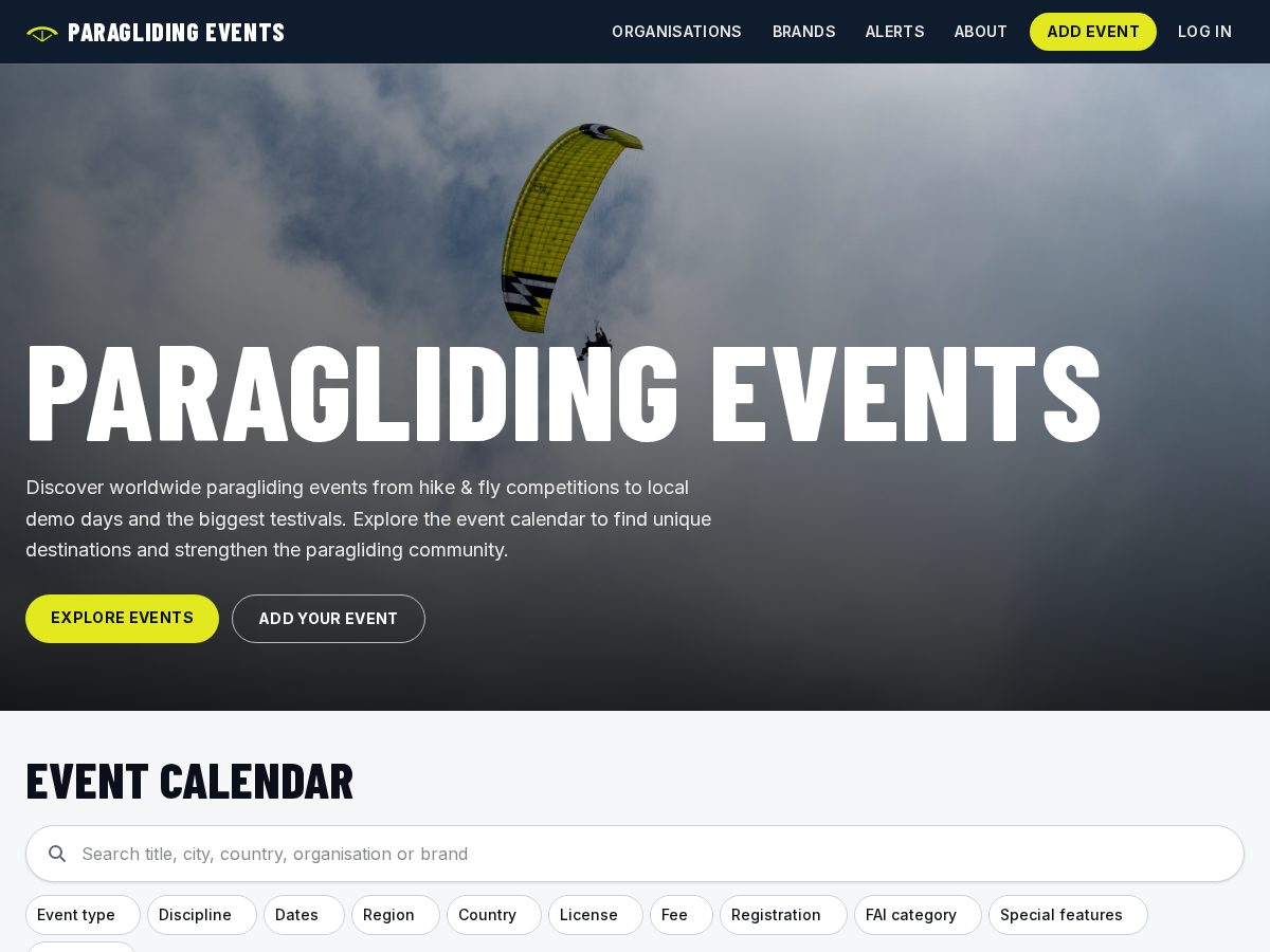 Landing-page snapshot of paraglidingevents.com