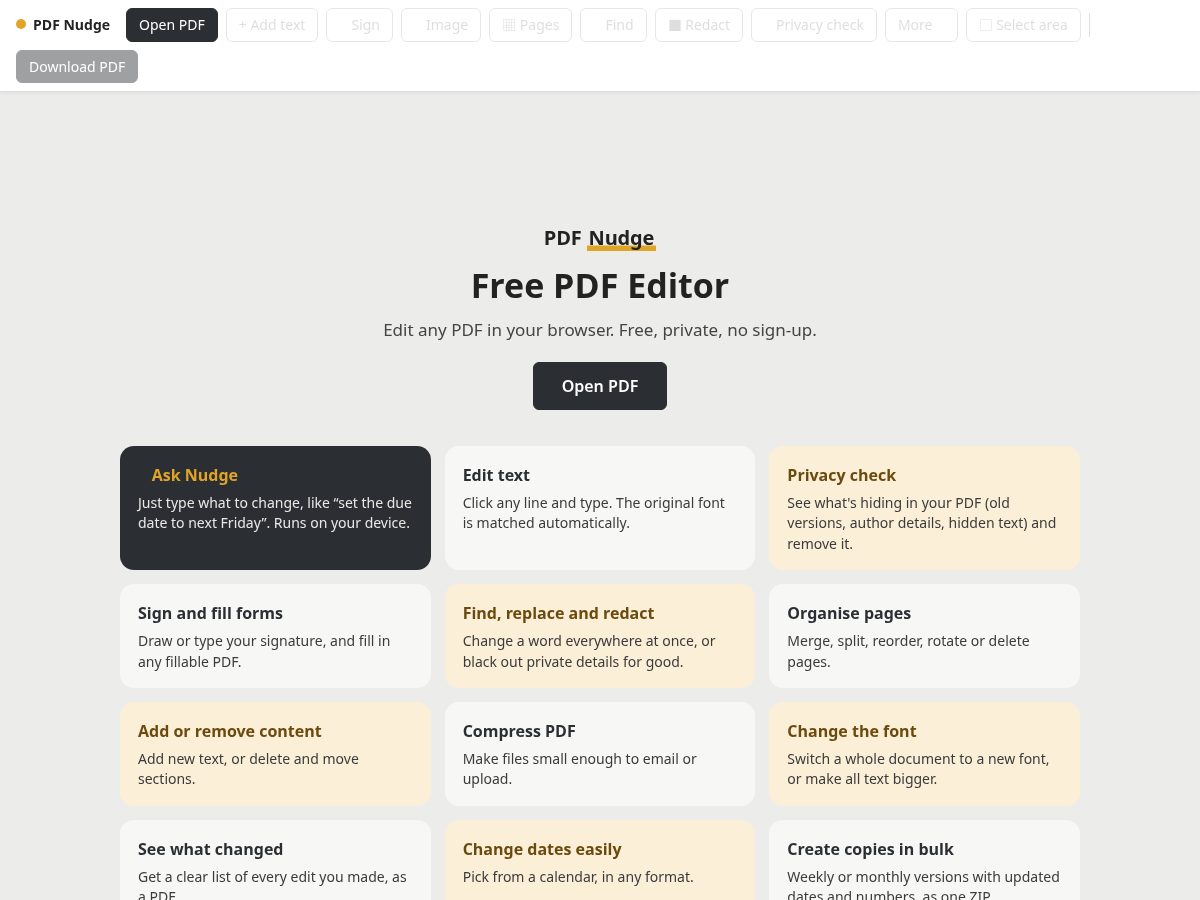 Landing-page snapshot of pdfnudge.com