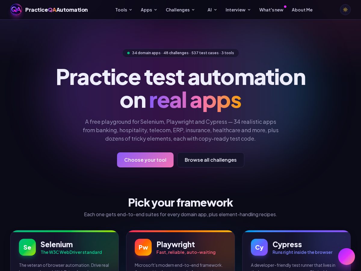 Landing-page snapshot of practiceqaautomation.com