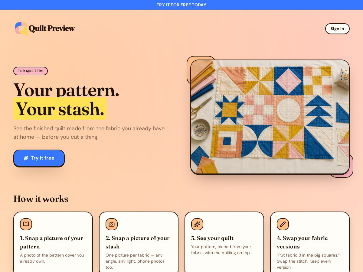 Landing-page snapshot of quiltpreview.com
