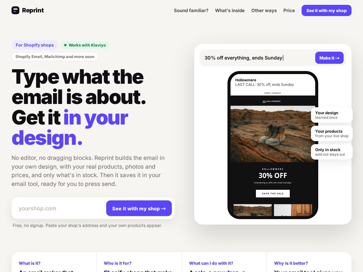 Landing-page snapshot of reprint.email