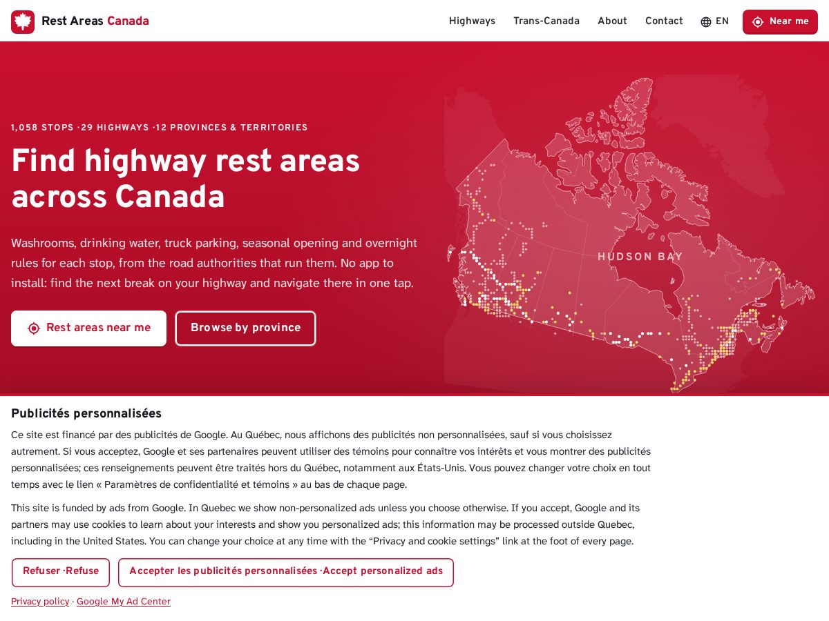 Landing-page snapshot of restareascanada.com