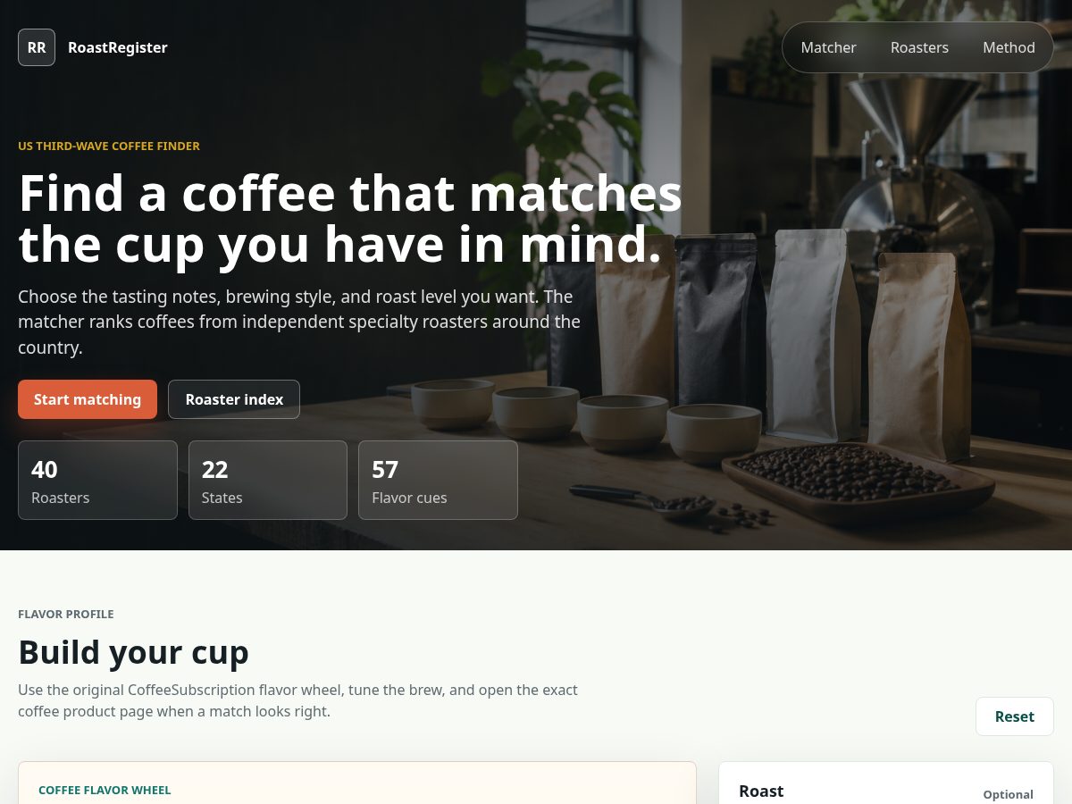 Landing-page snapshot of roastregister.com