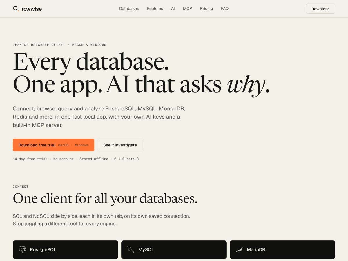Landing-page snapshot of rowwise.dev