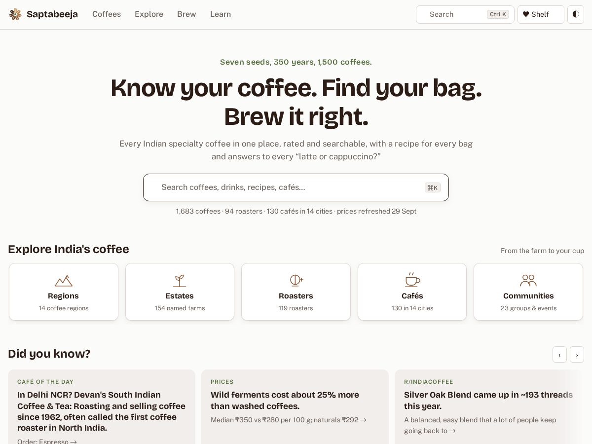 Landing-page snapshot of saptabeeja.coffee