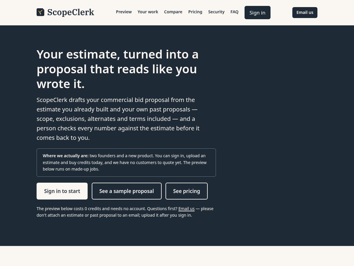 Landing-page snapshot of scopeclerk.com