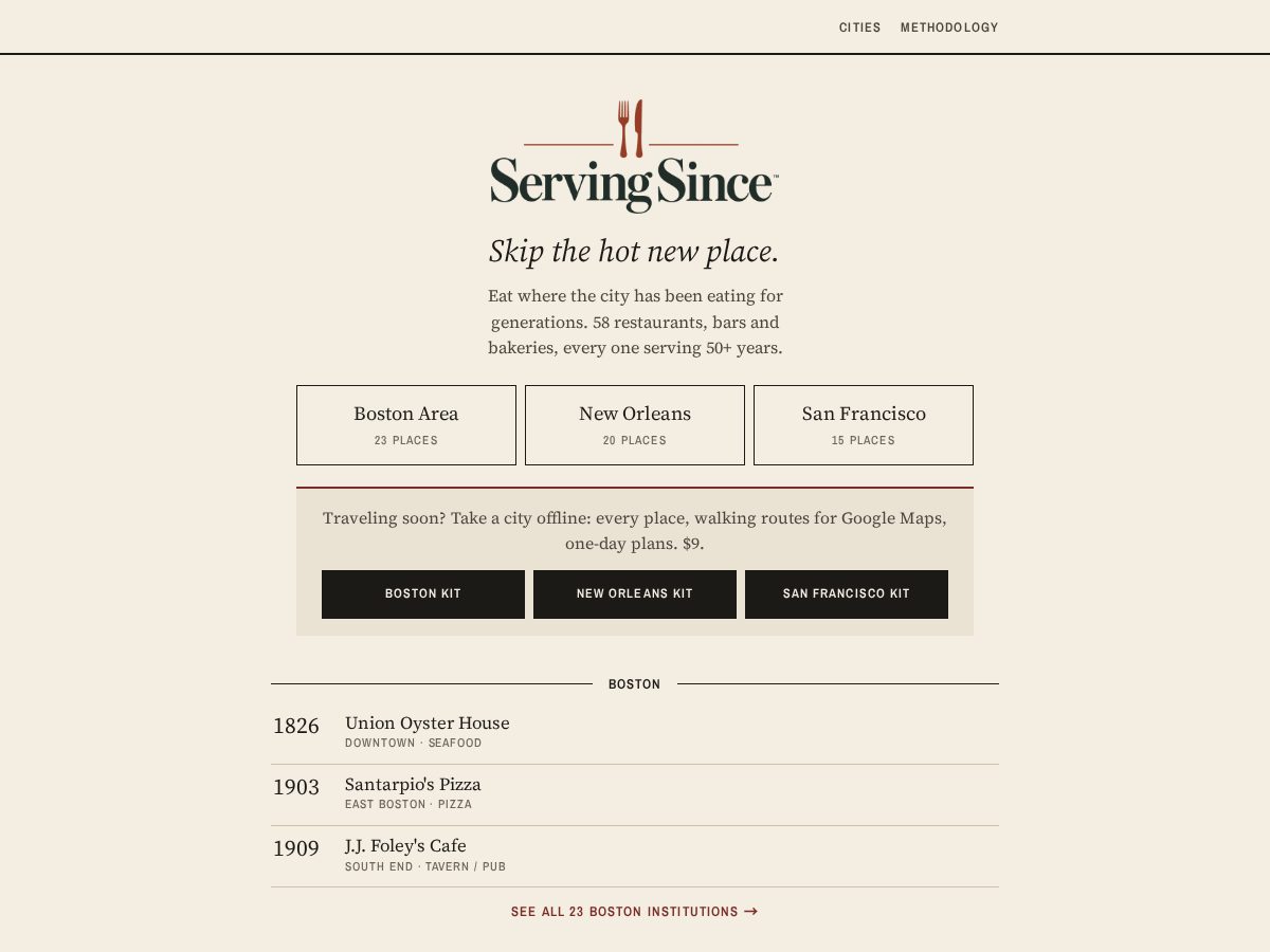 Landing-page snapshot of servingsince.com