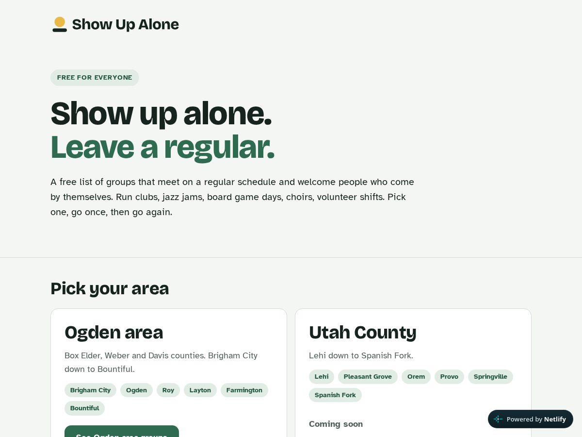 Landing-page snapshot of showupalone.com