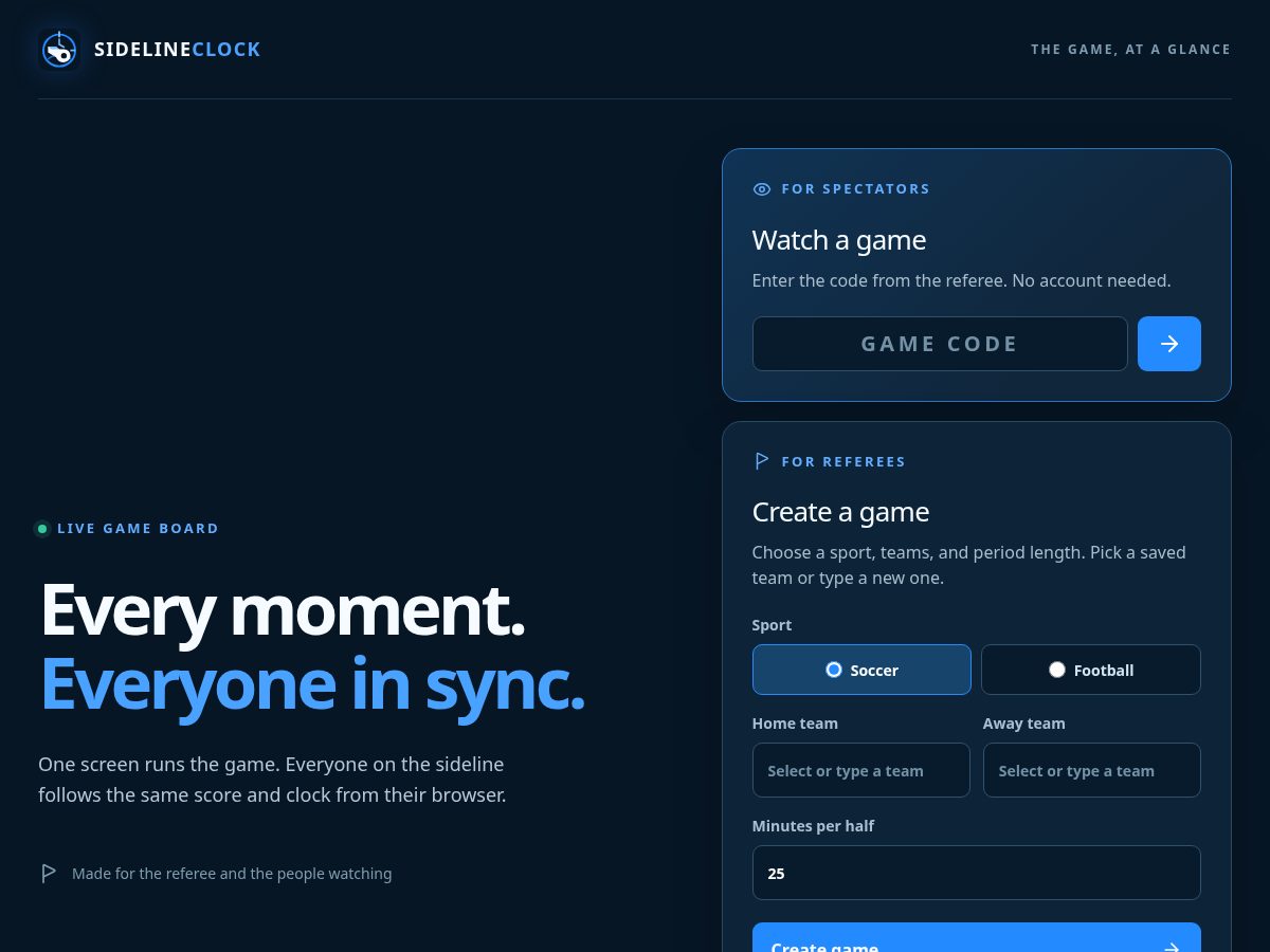 Landing-page snapshot of sidelineclock.com