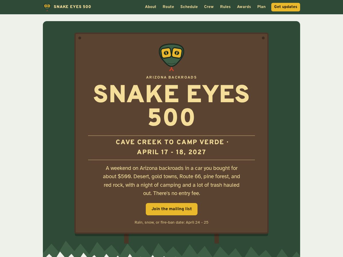 Landing-page snapshot of snakeyes500.com