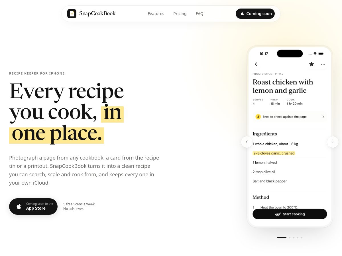 Landing-page snapshot of snapcookbook.com