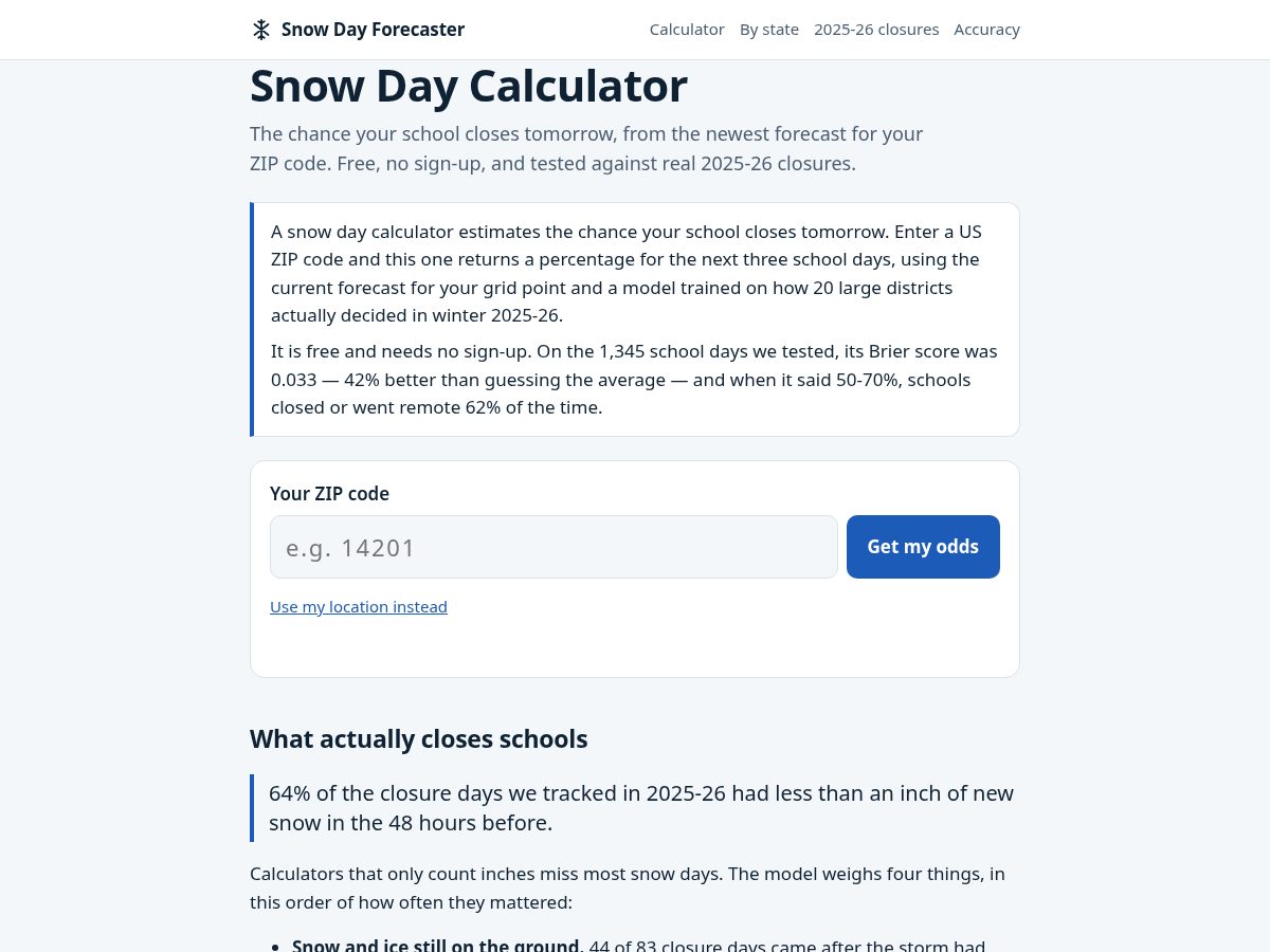 Landing-page snapshot of snowdayforecaster.com
