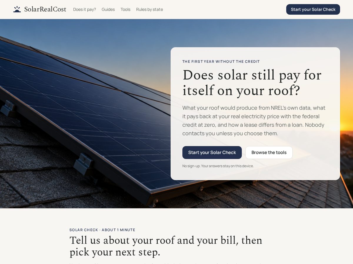 Landing-page snapshot of solarrealcost.com