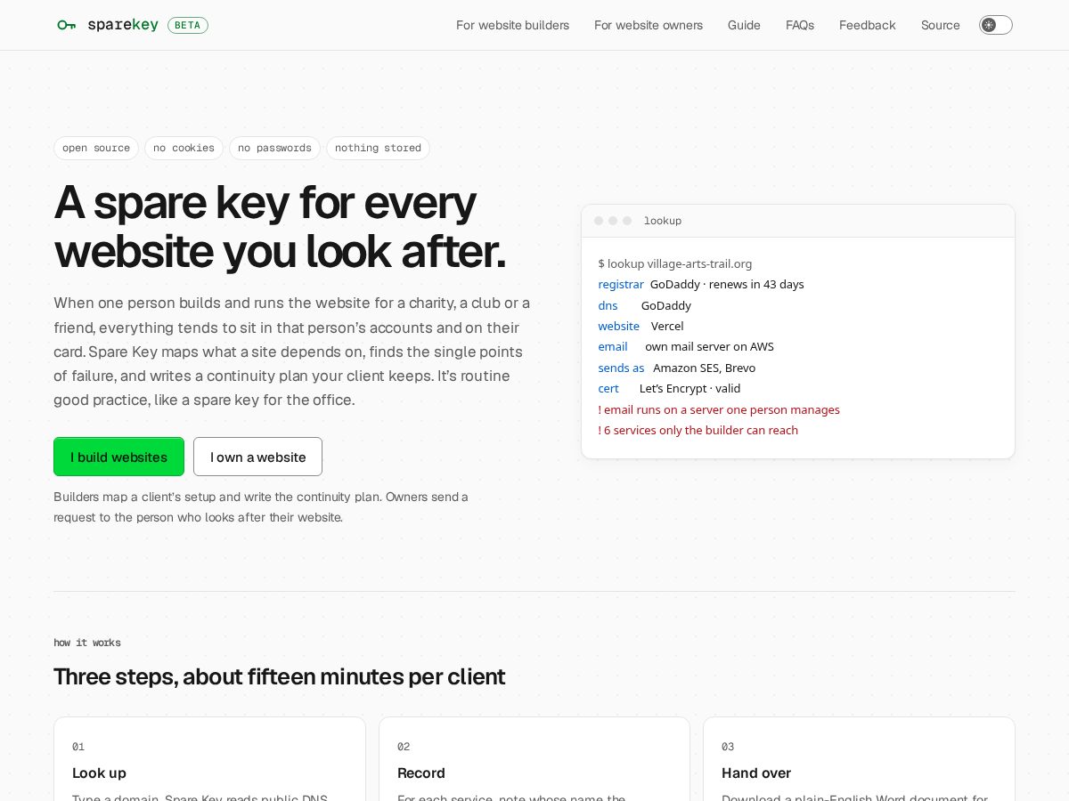 Landing-page snapshot of sparekey.dev