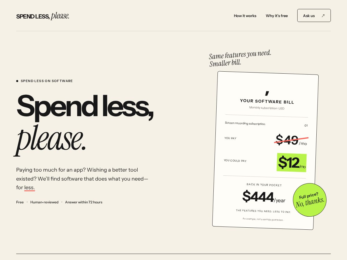 Landing-page snapshot of spendlessplease.com