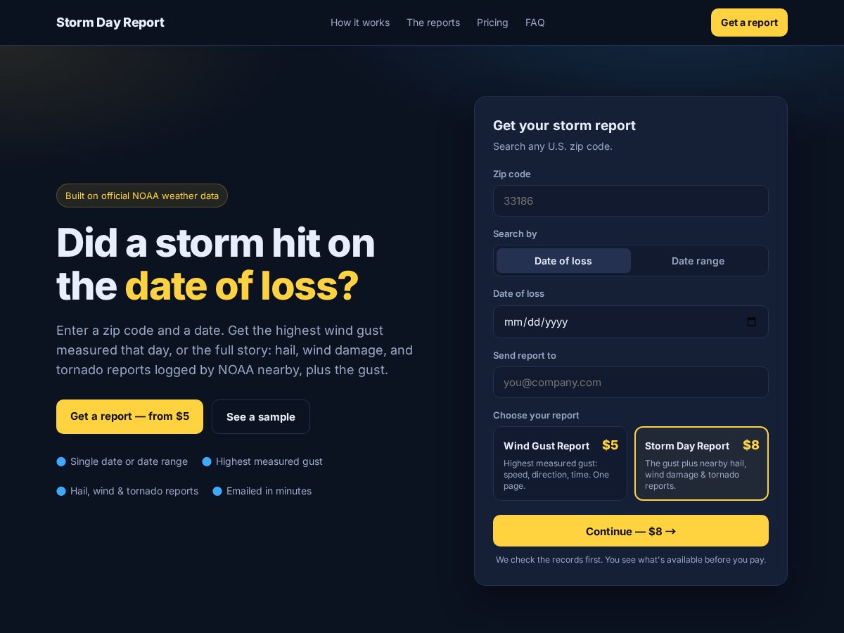 Landing-page snapshot of stormdayreport.com