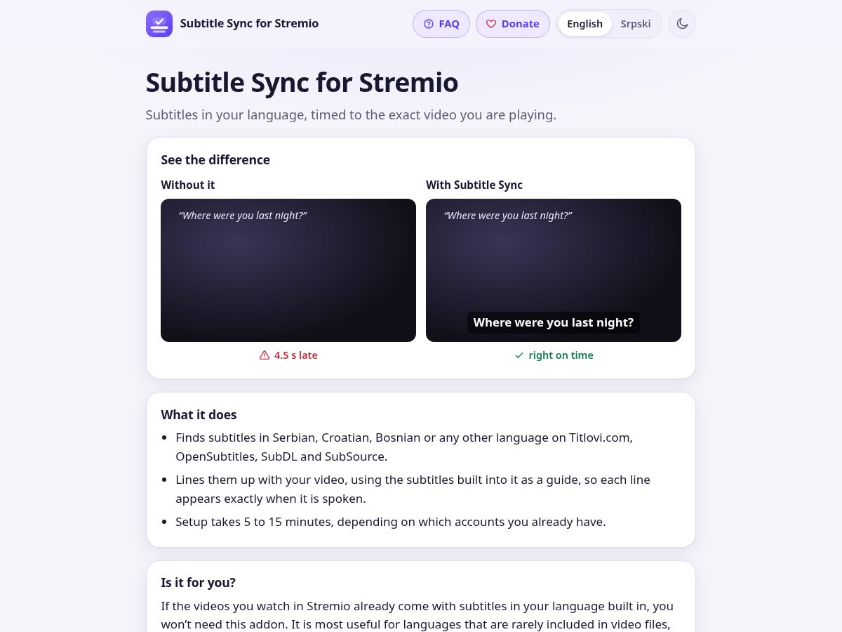 Landing-page snapshot of subtitlesync.stream