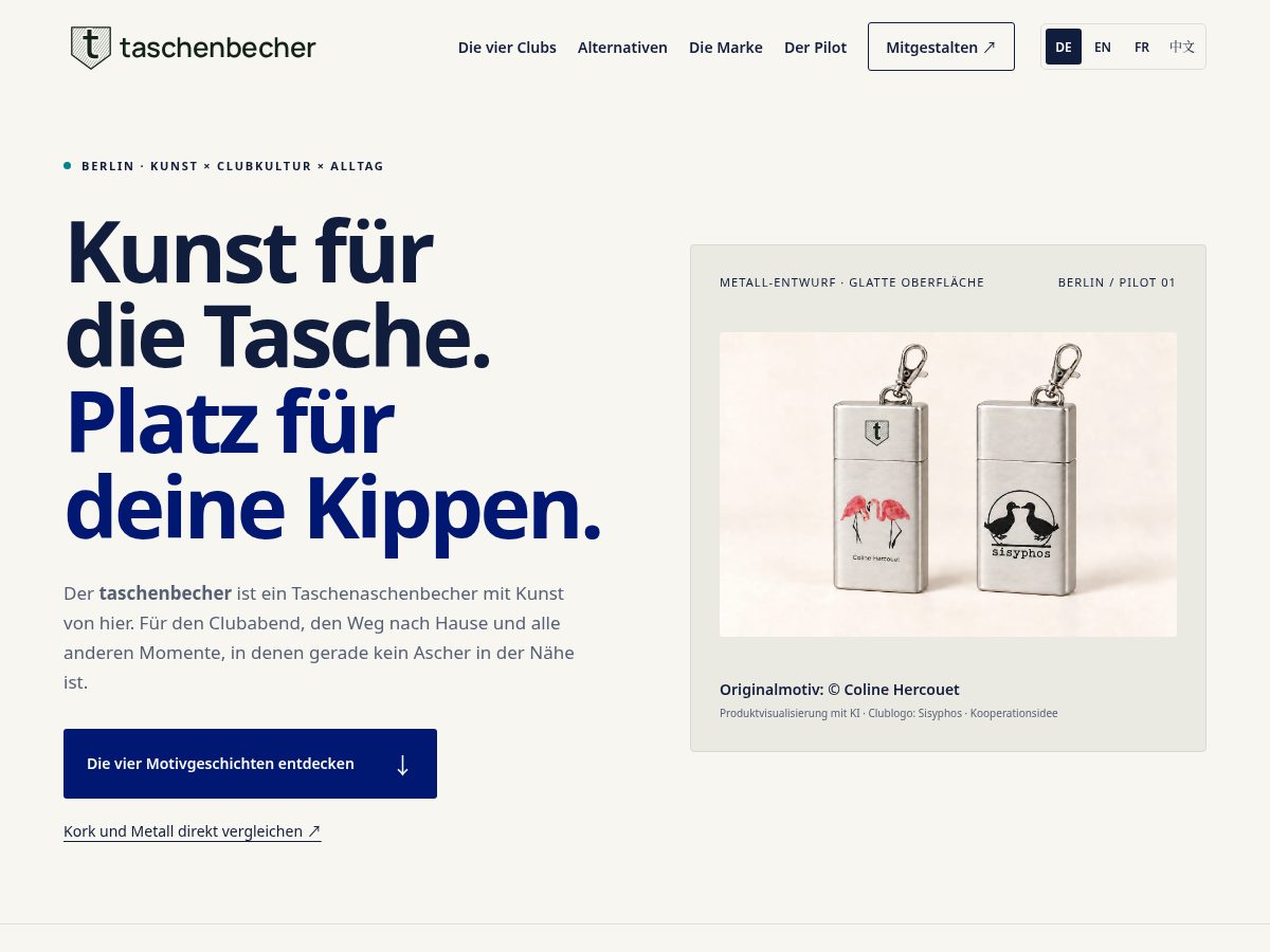 Landing-page snapshot of taschenbecher.com