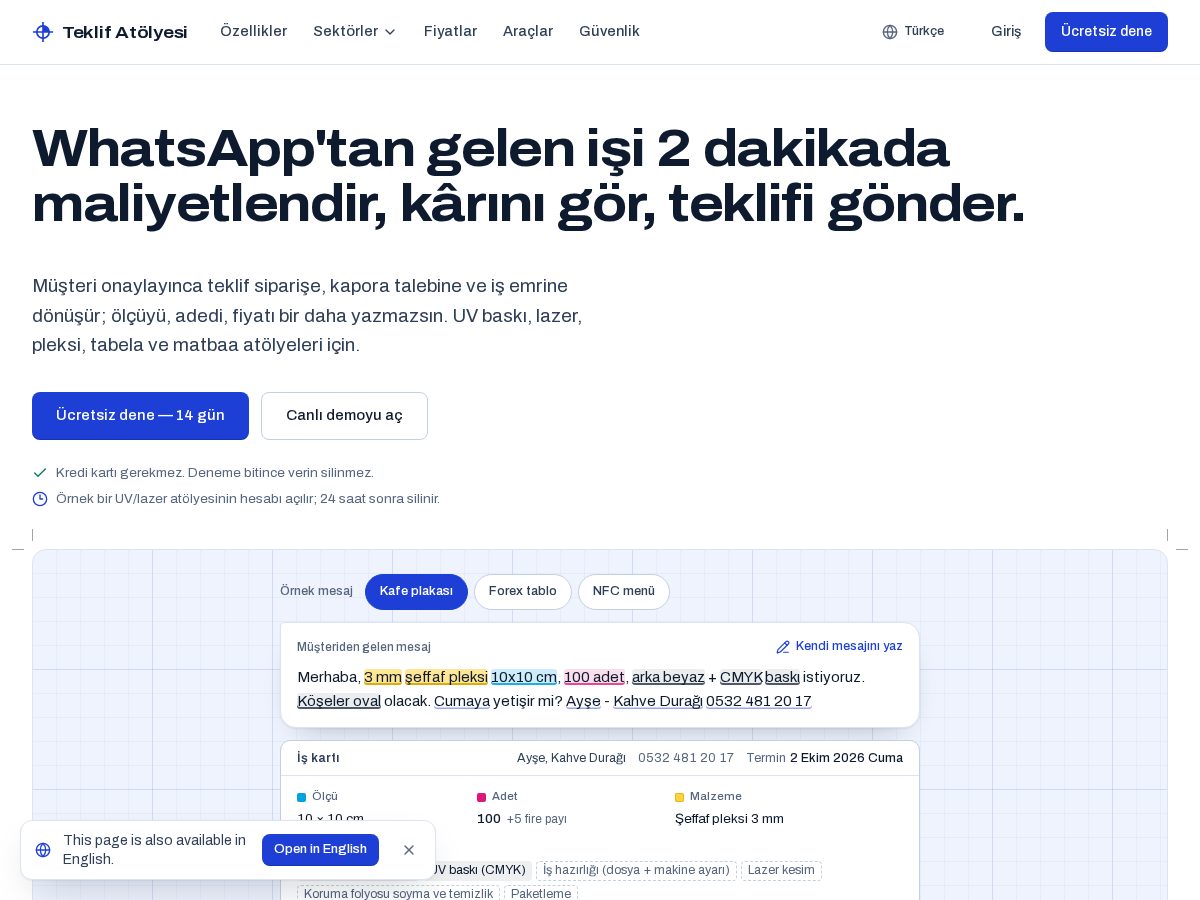 Landing-page snapshot of teklifatolyesi.com