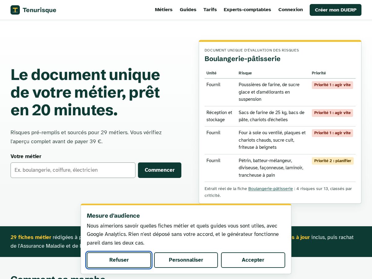 Landing-page snapshot of tenurisque.com