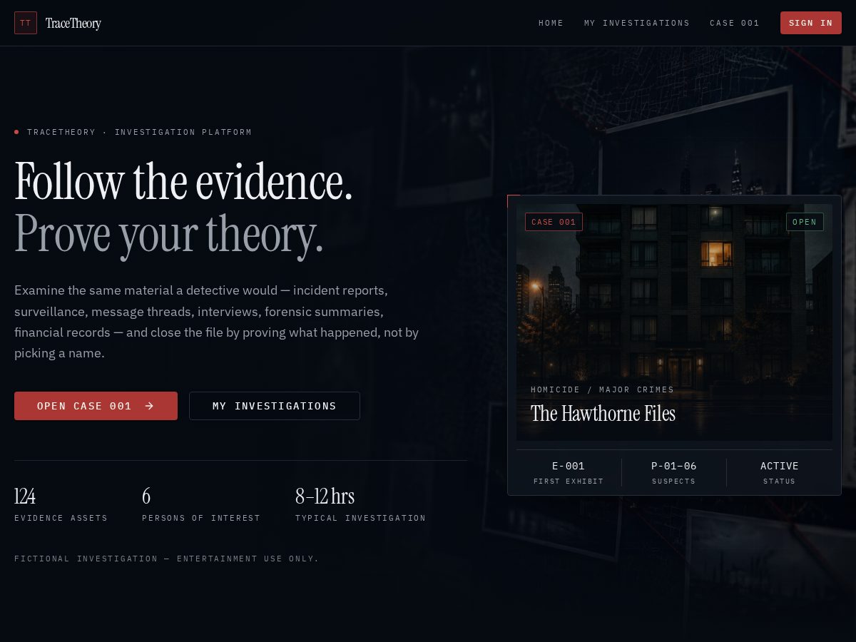 Landing-page snapshot of tracetheorycase.com
