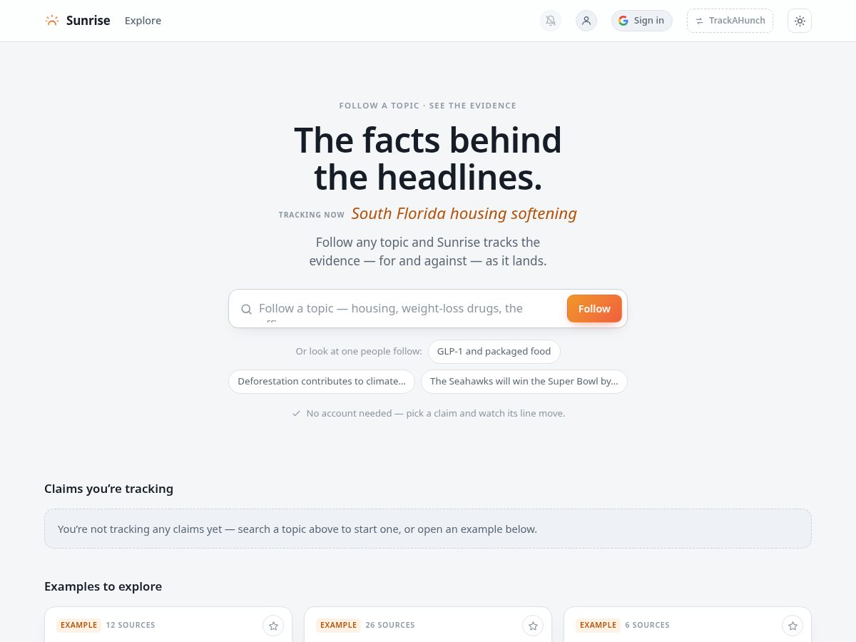 Landing-page snapshot of trackahunch.com