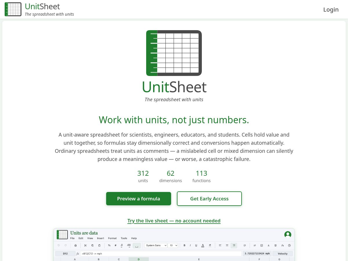 Landing-page snapshot of unitsheets.com