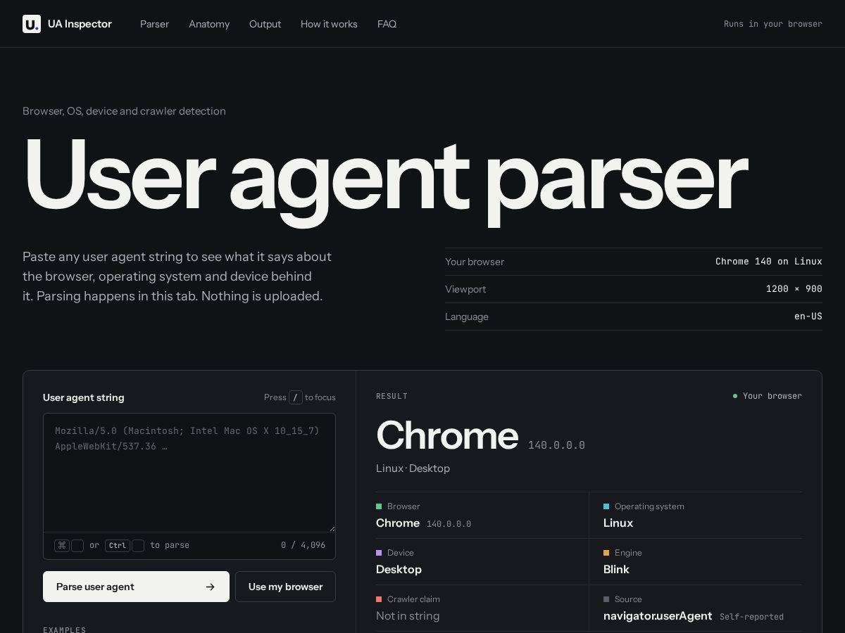 Landing-page snapshot of useragentinspector.com