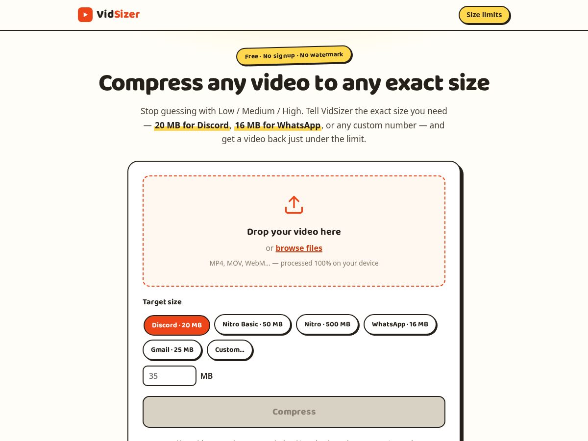 Landing-page snapshot of vidsizer.com