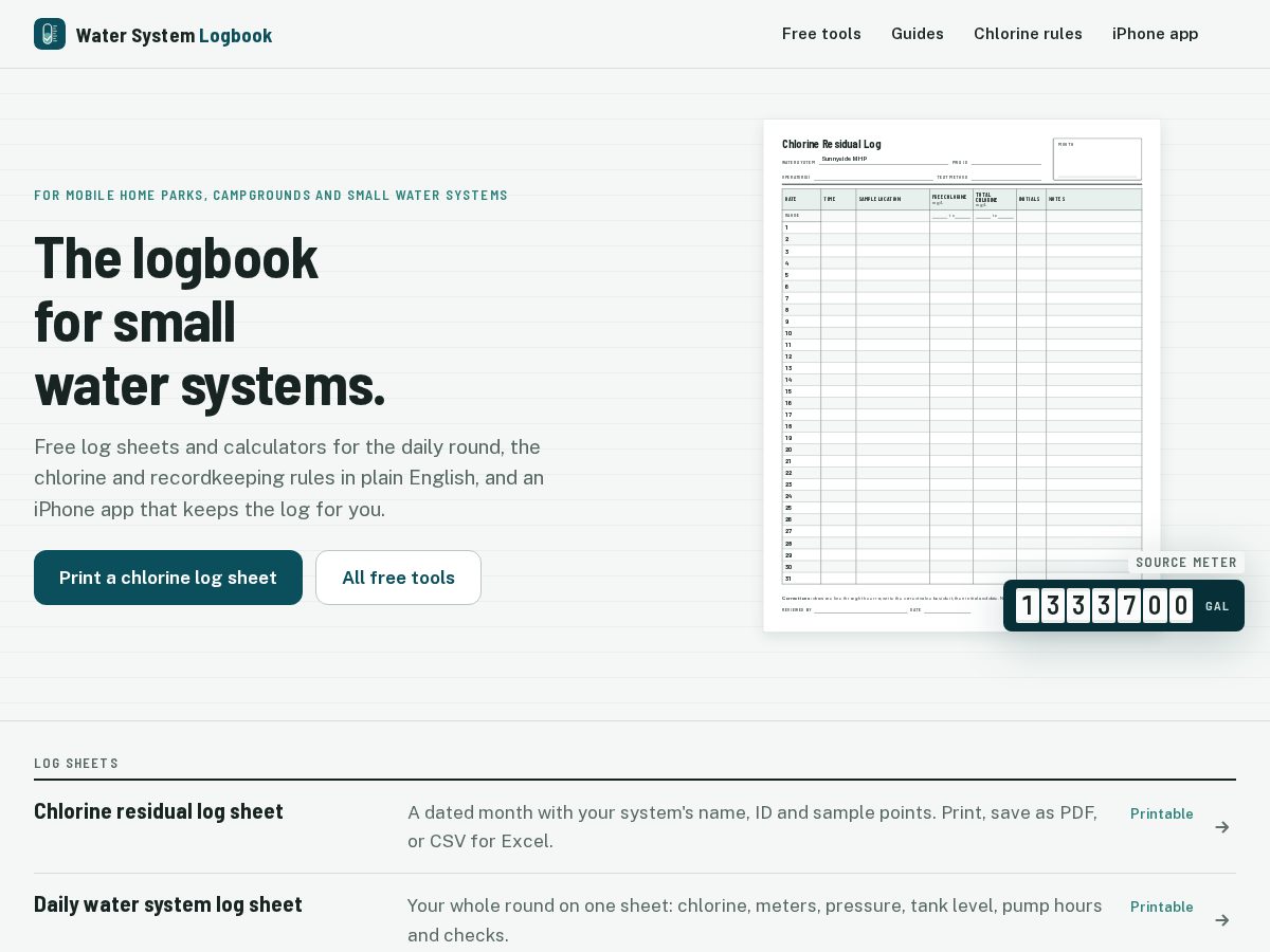 Landing-page snapshot of watersystemlogbook.com
