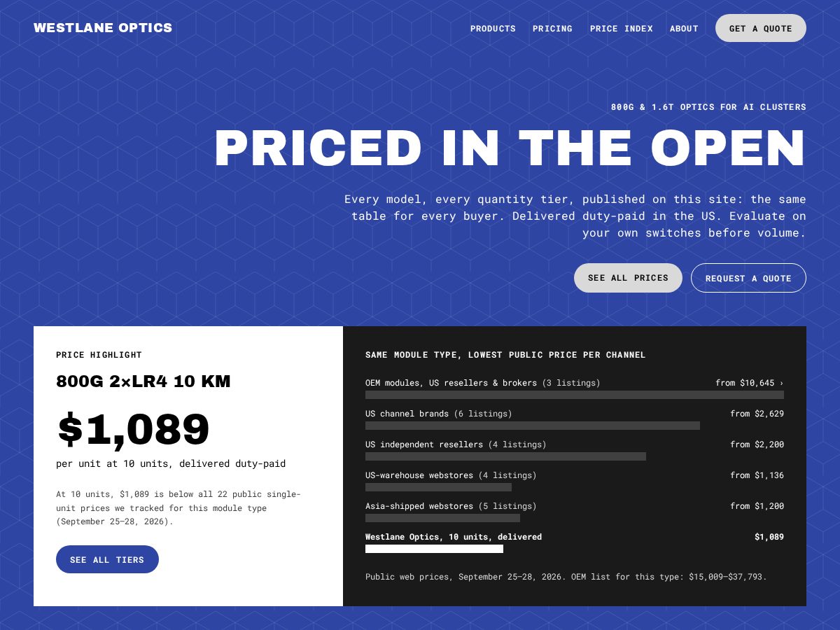 Landing-page snapshot of westlaneoptics.com