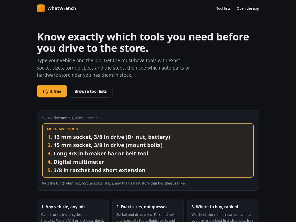 Landing-page snapshot of whatwrench.com