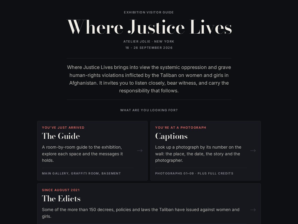 Landing-page snapshot of wherejusticelives.com