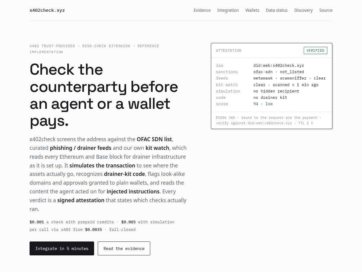 Landing-page snapshot of x402check.xyz